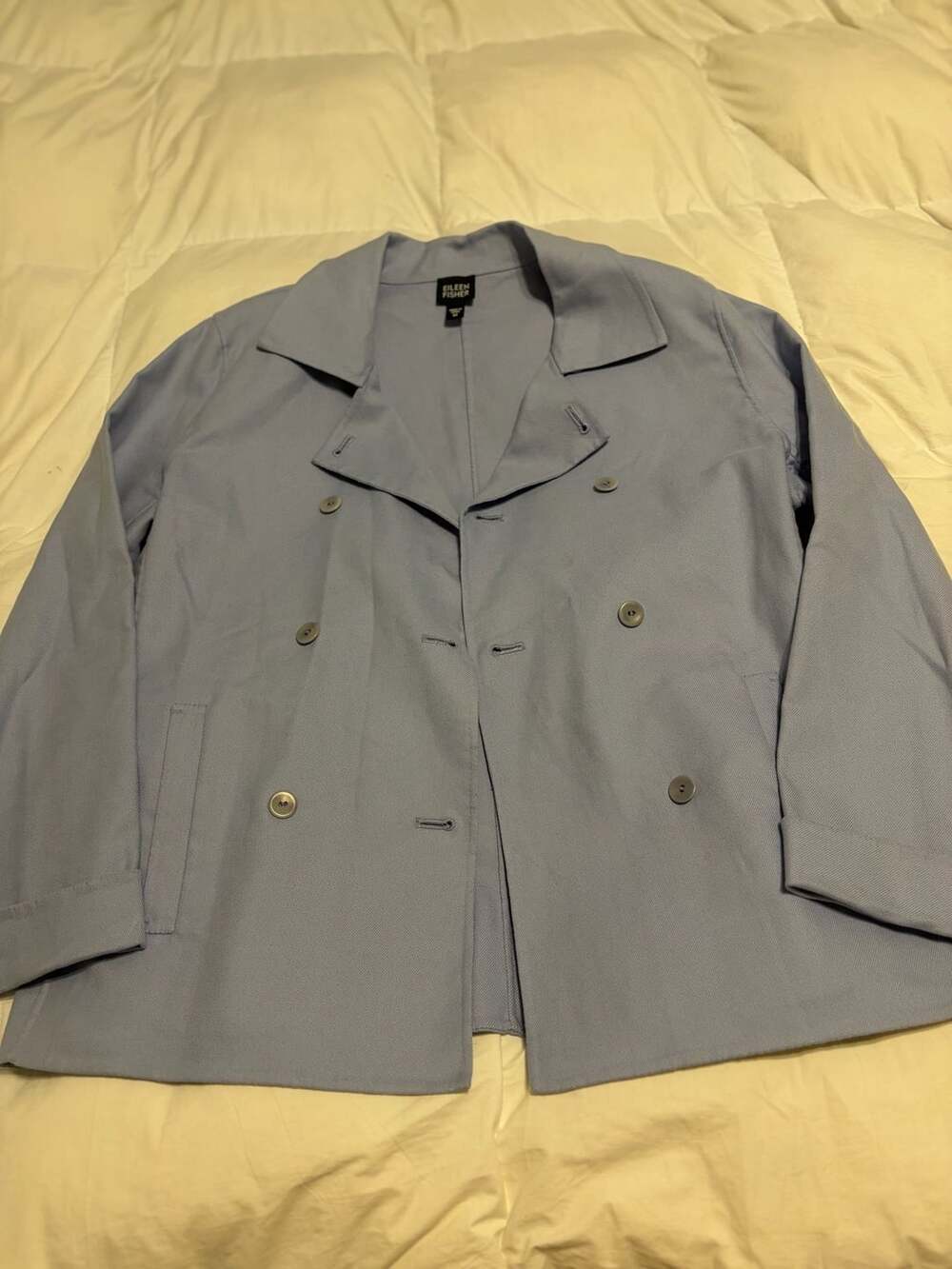Eileen Fisher Trench Jacket Size M Light Blue Double Breasted